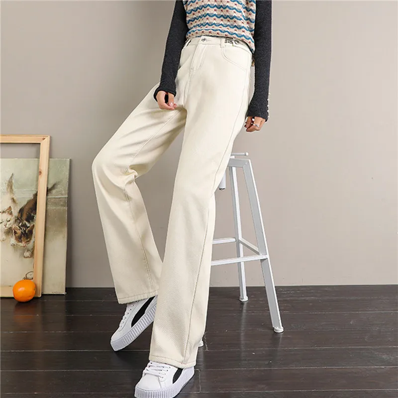 

Women Straight Pants High Waist Plush Winter Jeans Loose Blue Denim Trousers