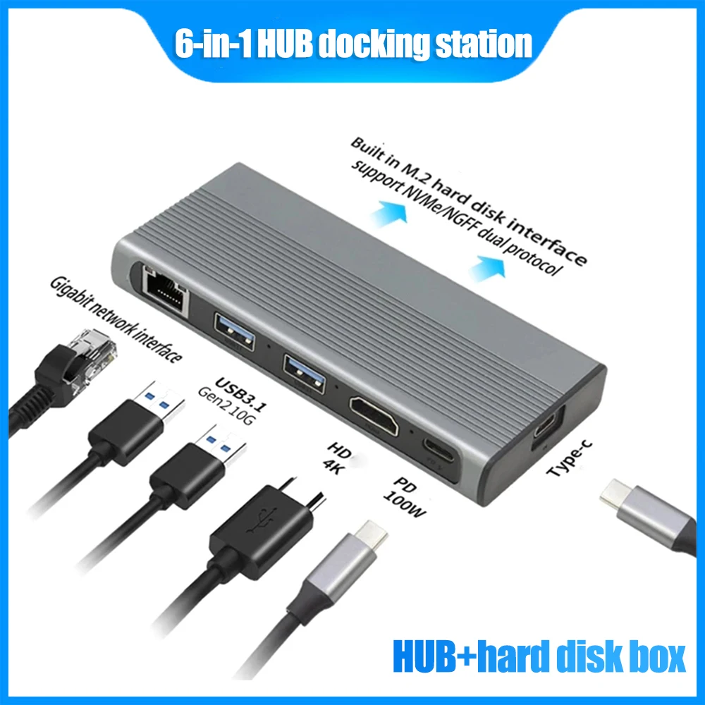 

USB-C Hub With M.2 Hard Drive Box For MacBook Pro Type-C SSD Chassis With USB 3.1 PD 4K HDMI-Compatible NVMe/SATA Dual Protocol