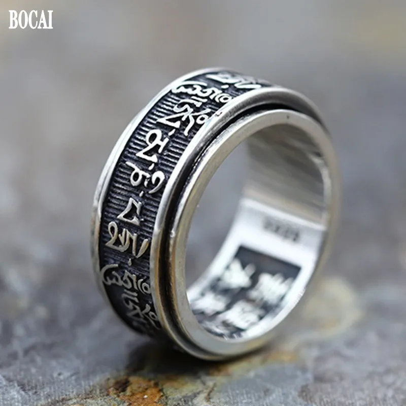 BOCAI New Real S925 Sterling Silver Vintage Bodhi Verse Six-Character Mantra Good Luck Personal Protection Men Ring