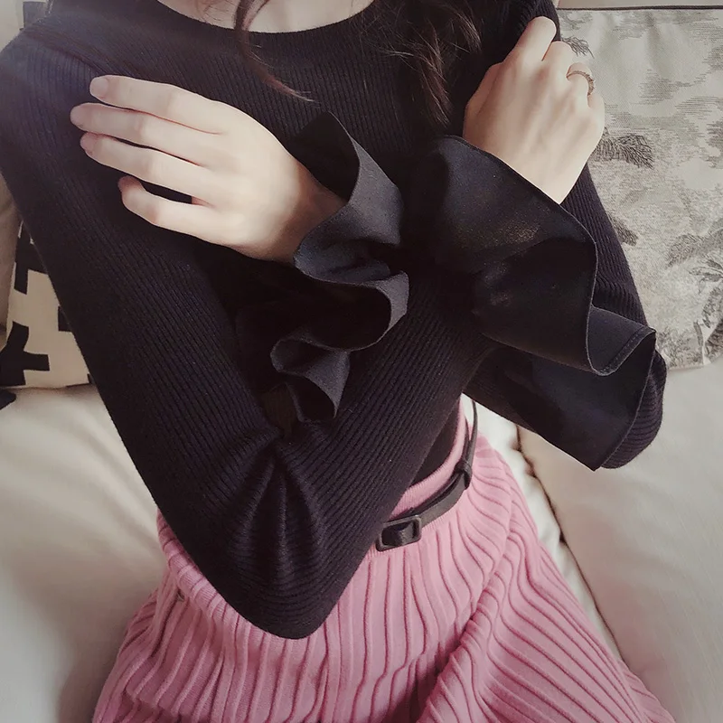 Dabuwawa Ruffled Knitted Women Sweater Flare Sleeve Button Female Pullover Jumper Slim Fit Ladies Turtleneck DN1DJS018 | Женская одежда