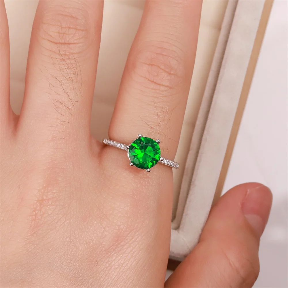 

Best selling European and American S925 silver wedding ring six claw round zircon Lady Green crystal jewelry lady gift
