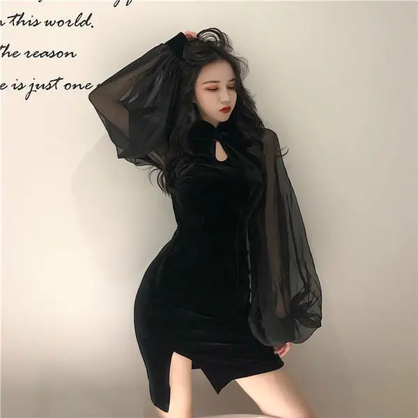 

Slim cheongsam autumn and winter stand collar Lantern Sleeve high waist split buttock Chiffon splicing velvet dress