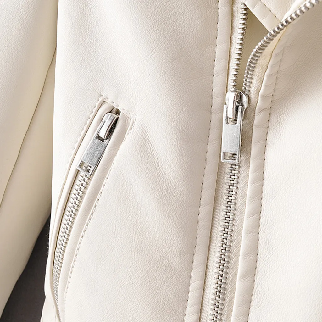 

Women's Faux Leather Jacket Coat Autumn Winter Zip Biker Jacket Short Cropped Motor Oversized Leather Jacket Women Coat Outwear
