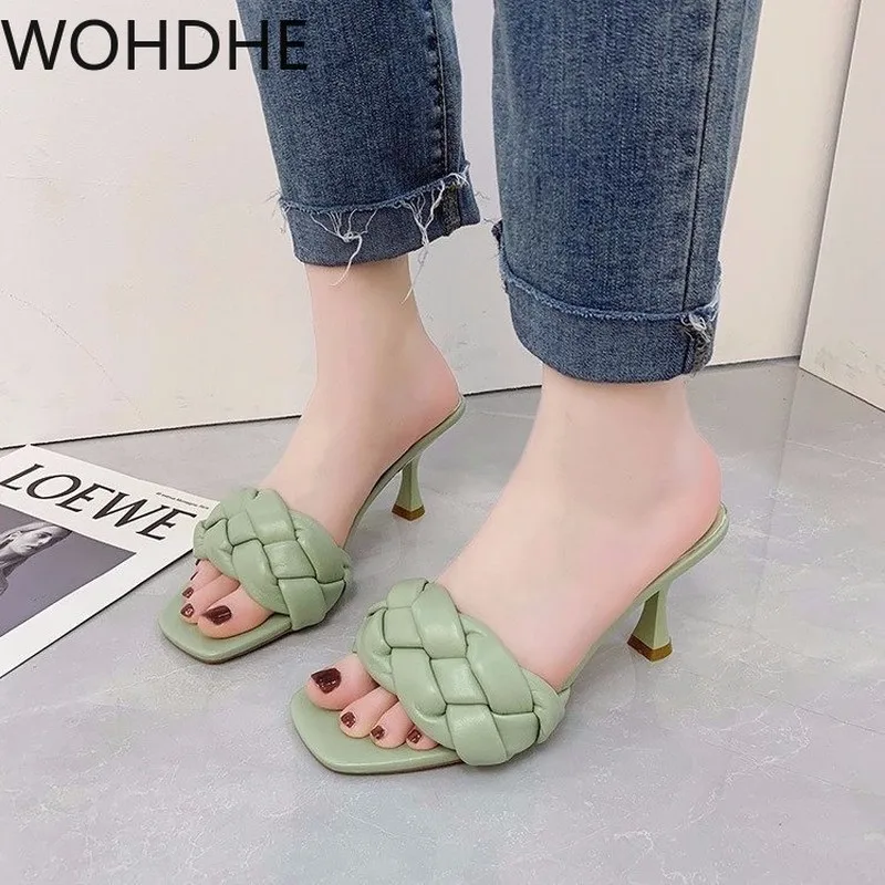 

Luxury Slides Women 7.7cm High Heels Mules Fetish Pumps Individual Weave Leisure Blue Office Ladies Prom Slippers Women's Shoes