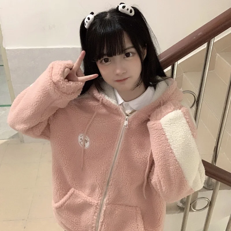 Sweet Cute Kawaii Girl Lolita Jacket 2021 Winter New Warm Thick Zip Up Vintage Faux Fur Coat Pink Blue Loose Hooded Jacket Women