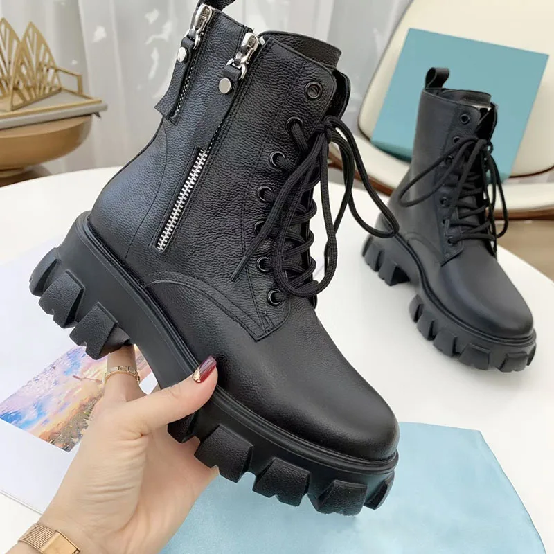 

Luxurybrand designer Size35-40 Chunky Motorcycle Boots For Women Autumn 2021 Fashion Round Toe Lace-up Combat Boots Ladies Shoes