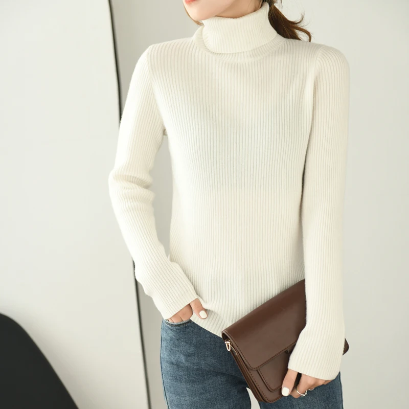 

Winter New 100% Pure Wool Knitted Sweaters for Woman High Elastic Turtlneck Standard Long Sleeve Female Pullovers Hot Sale