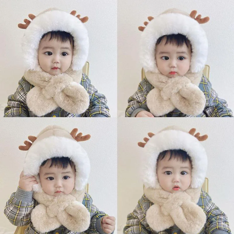 

Baby Autumn Winter Children Skullies Beanies Hats With Scarf Plus Velvet Thickening Girl Cute Super Boy Pullover Warm Caps FL001