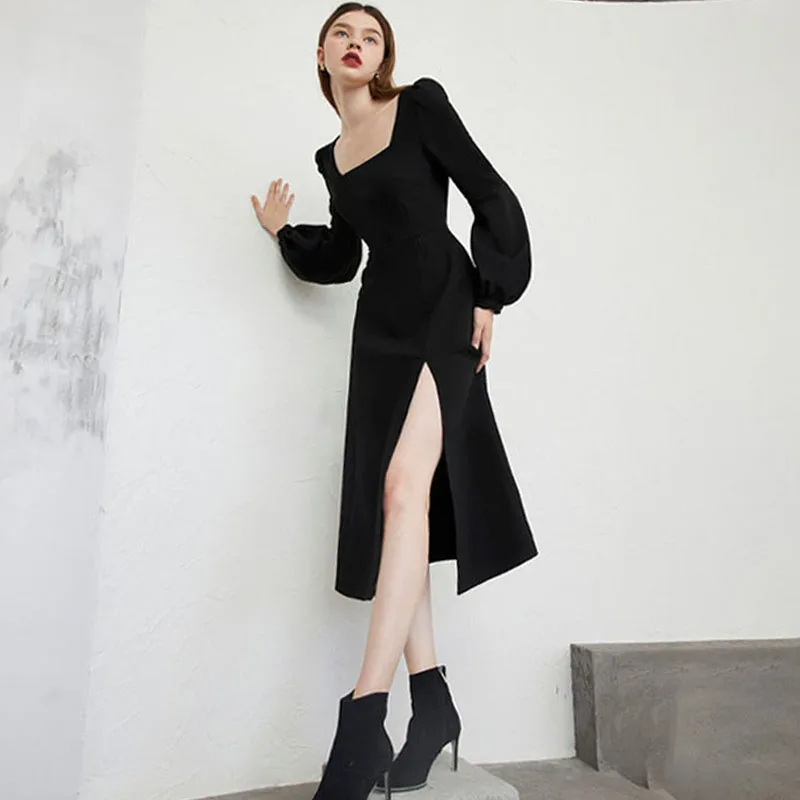 Шифоновое винтажное платье в стиле Хепберн осень 2021 женское черное ретро с