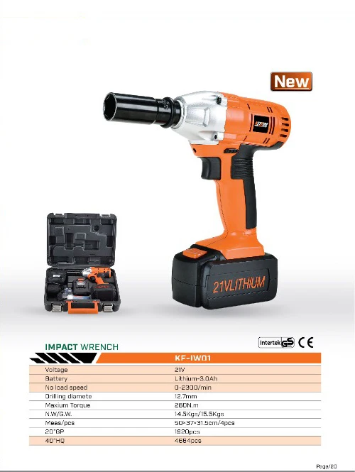 

Electric Wrench Cordless Impact Wrench 21V 280Nm 2300rpm Rechargeable Lithium Battery 3Ah Two-direction Rocker Swith KF-IW01