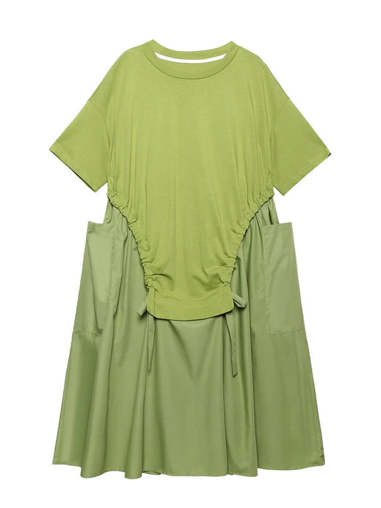 

SuperAen Green 2021 New Summer French Retro Slim A Line Patchwork Solid O Neck Mid Calf Woman Dress