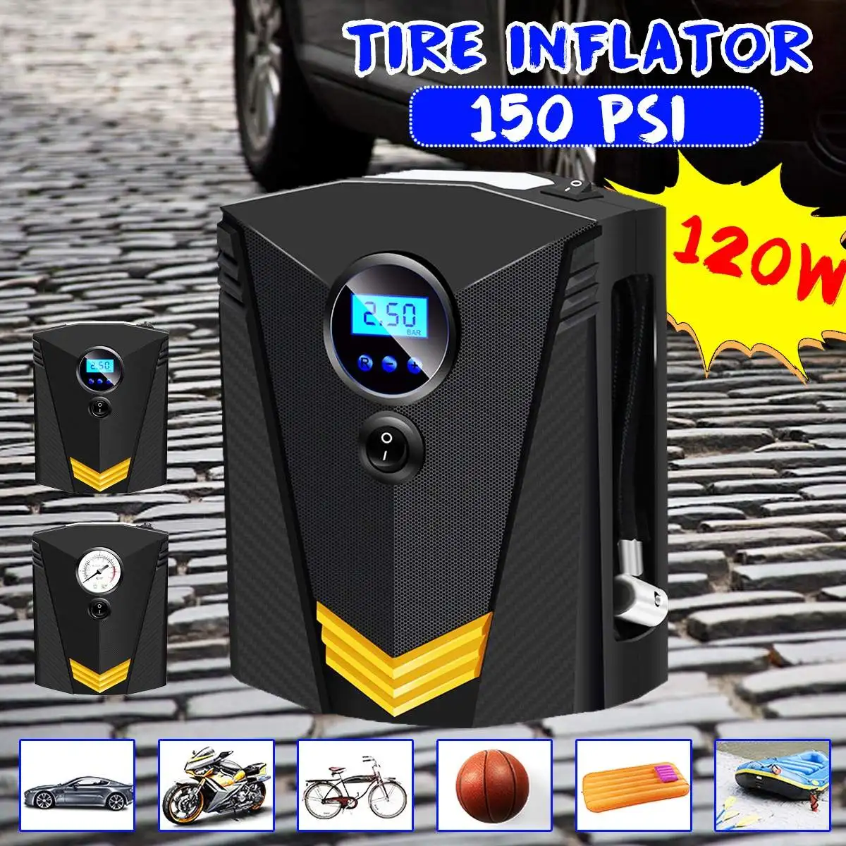 120W 12V Car Portable Air Compressor Pump Digital Tire Inflator 150 PSI Auto for Motorcycle LED Light | Автомобили и мотоциклы