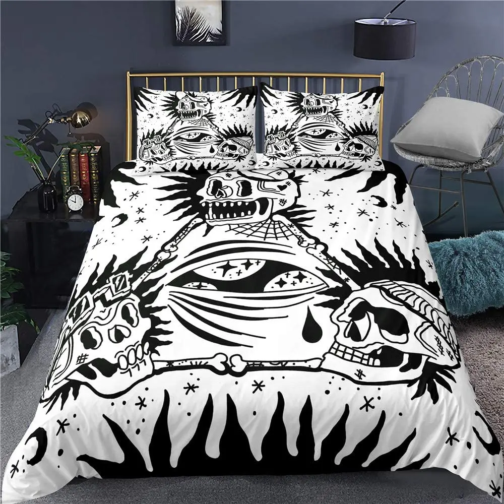 

Halloween Skull Bedding Duvet-Cover-Set of Kids - White and Black Boho Gothic Skull Skeleton Bones Theme Bed Comforter