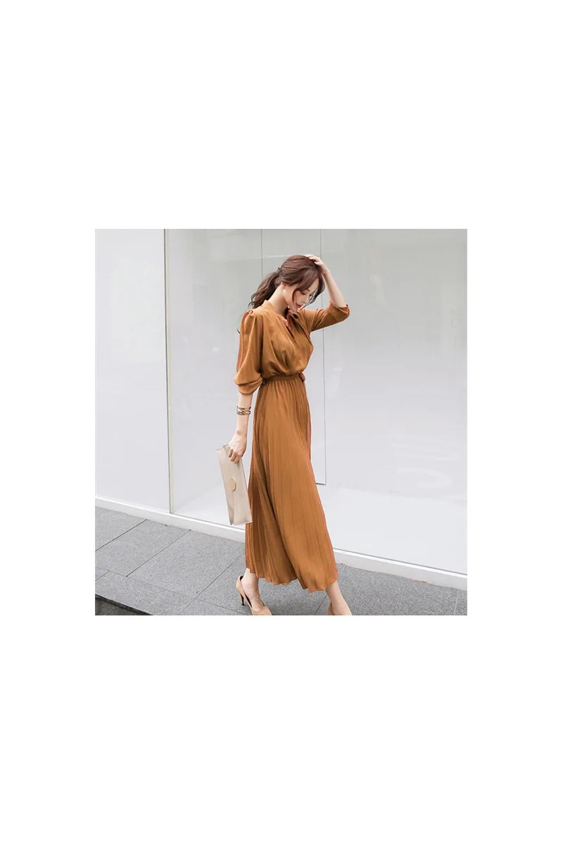 

Chiffon Long-Sleeve Pleated Dress 2020 Spring and Autumn New Style Slim Fit Waist Hugging Slimming Korean-Style Debutante Elegan