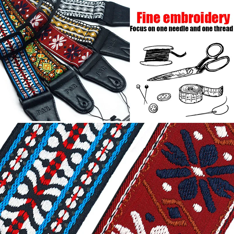qualität 5 farben vintage blumen streifen akustische elektrische gitarre strap woven stickerei stoffe leder enden strap free global shipping