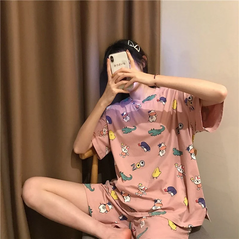 

Summer Women Short-sleeved Pajama Sets Ladies Sweet Cute Loose Plus Size Girl Two-piece Soft Sleepwear