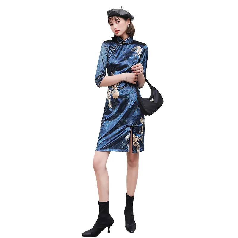 

Elegant Orientale Women Half Sleeve Satin Crane Printed Qipao Chinese Mandarin Collar Cheongsam Oversize 3XL