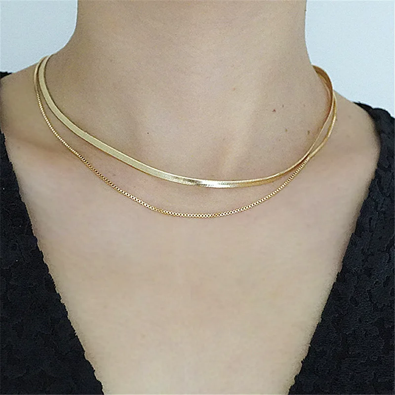 

Modern Jewelry Two Layers Choker Necklace Popular Design Golden Plating Snake Chain Necklace For Girl Lady Gifts
