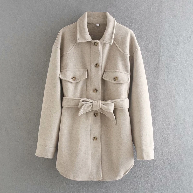 

Fitaylor Winter Women Jacket Loose Single Breasted Lapel Coat with Belt Streetwear Thick Warm Beige Woolen Chic Outwear