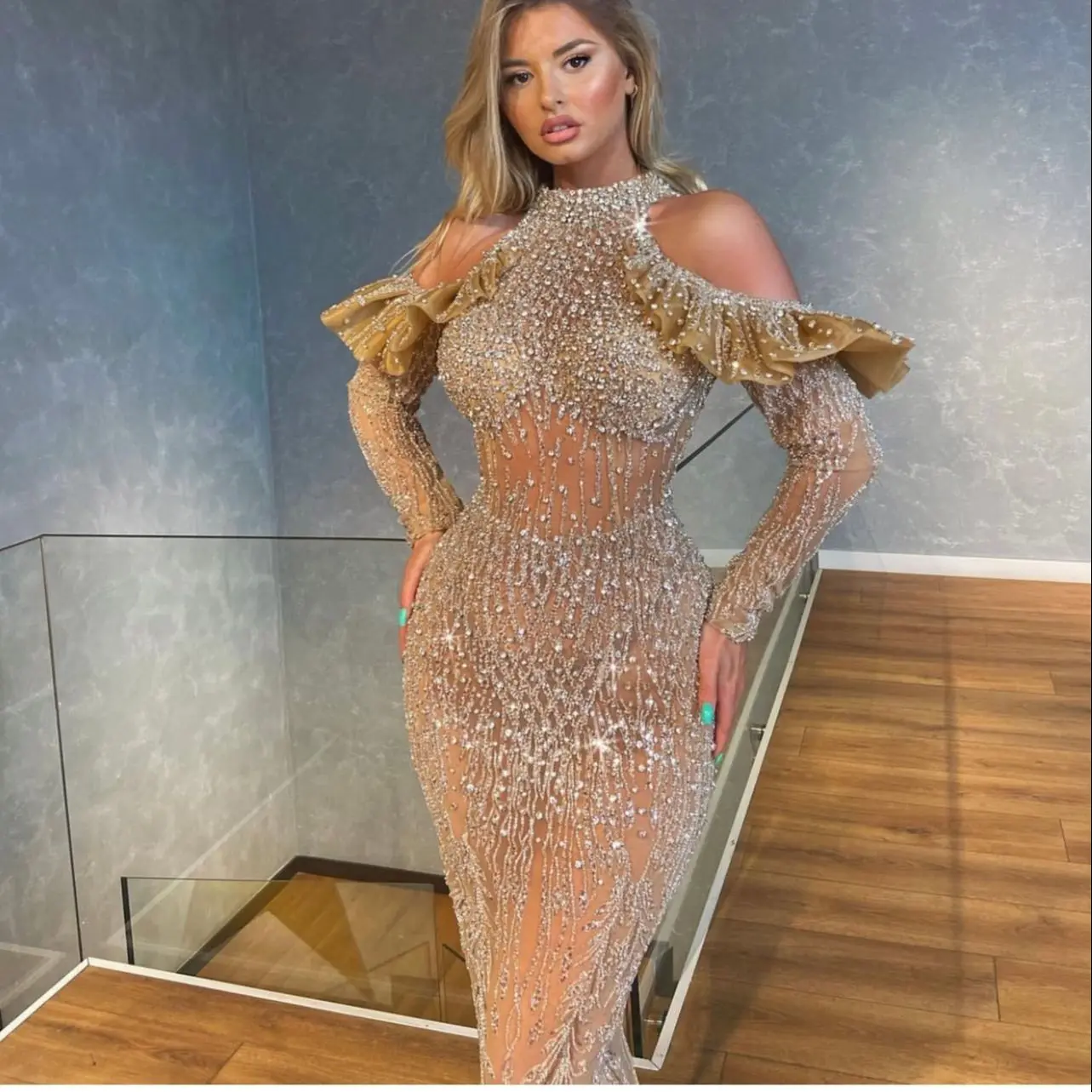 

YILIBER Evening dresses 2021 vintage vlack pearls long sleeves evening gowns beading prom dresses for women short dresses