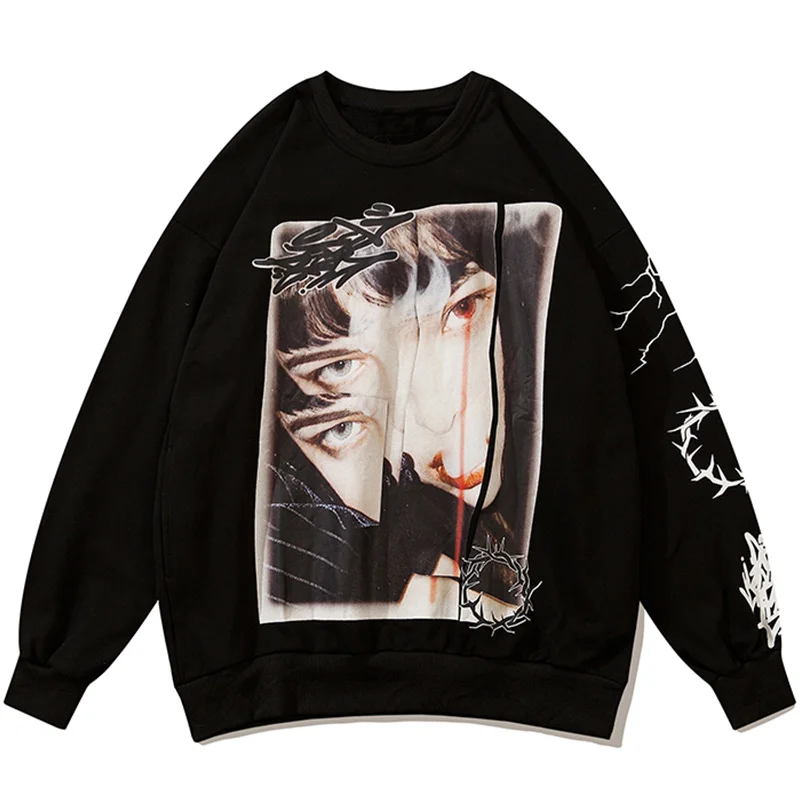 

Sweatshirt Men Girl Illustration Punk Graphic Print Pullover Hoodie Autumn Retro Fashion High Street Baggy Men Clothing
