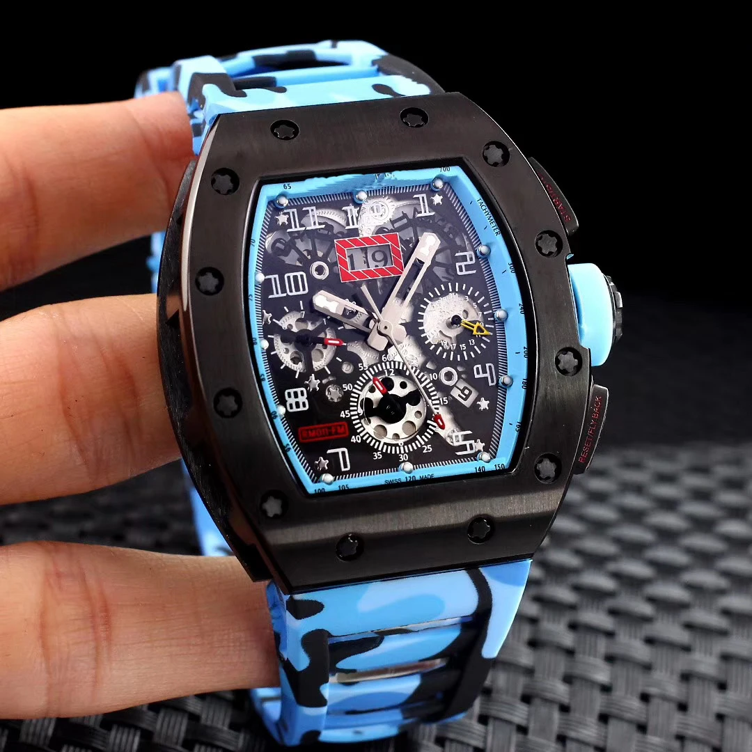 

2020 Luxury Brand New Automatic Mechanical Skeleton Full Black FLYBACK Camouflage Rubber Men Stainless Steel Watch Sapphire Grey