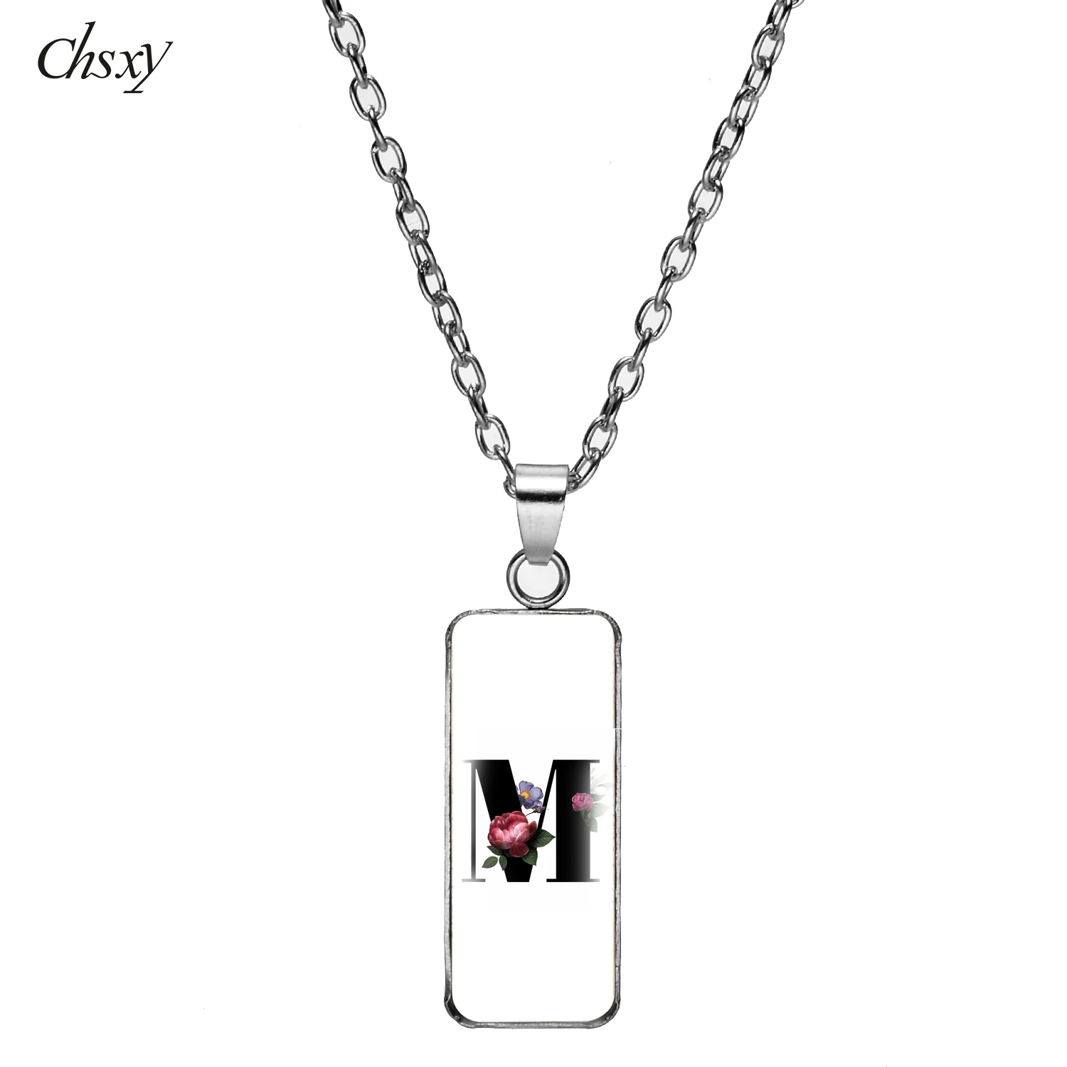 

CHSXY 26 A-Z Initial Letter Pendant Necklace For Women Alphabet Necklace Handmade Rectangular Glass Cabochon Trendy Jewelry Gift