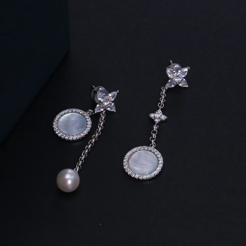 

Top grade s925 shell fresh water pearl earrings zircon ear wires stud tack fashion jewelry eardrop earring fashion acessories