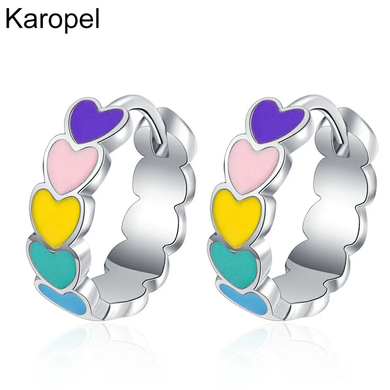 

Karopel Genuine 925 Sterling Silver Rainbow Color Enamel Heart Hoop Earrings for Women 2021 New Ear Hoops Female Jewelry