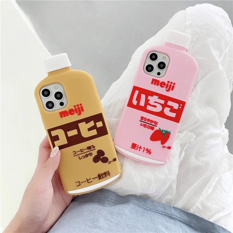 

Japan 3D Delicious Meiji Strawberry Drink Bottle Silicone Case for Iphone 12 11 Pro Max Xr Xs 7 8 Plus Se 2 Pink Soft Back Cover