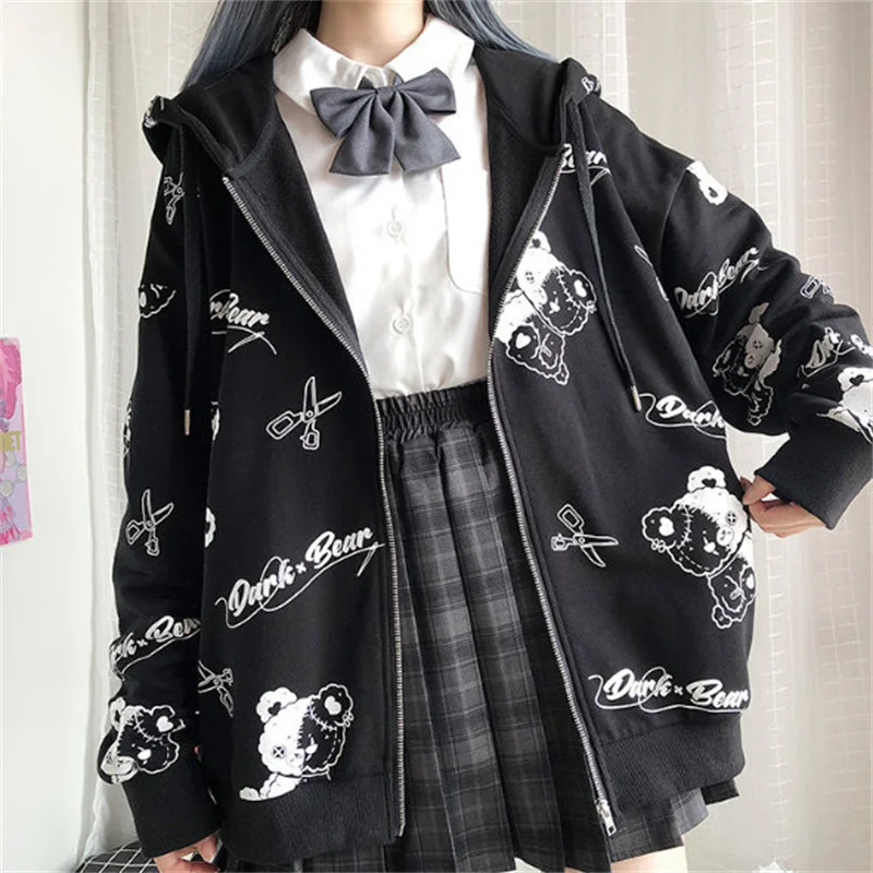 أنيمي JK موحدة تأثيري لوليتا الملابس Monokuma Harajuku النساء المعاطف Kawaii الربيع الأسود هوديس النمط الياباني