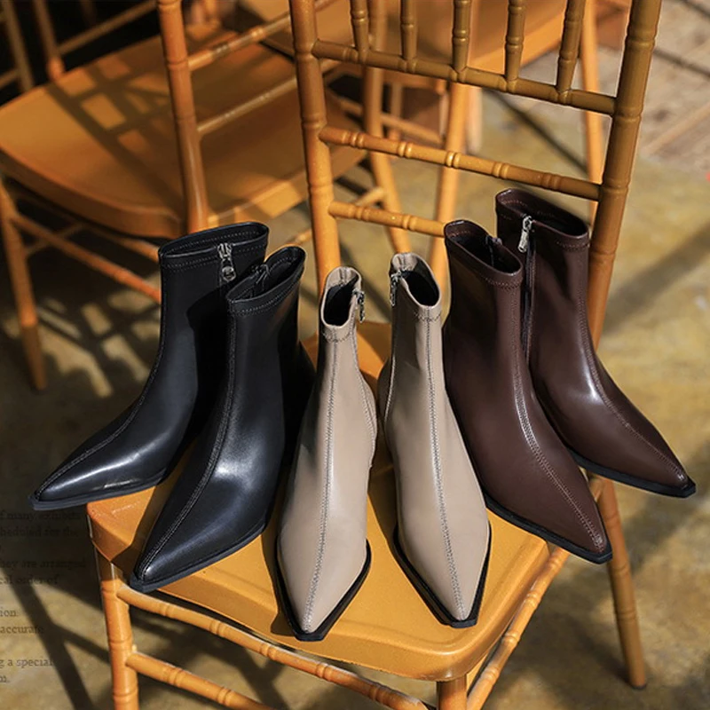 

Женские ботильоны челси в стиле ретро, однотонные полусапожки на высоком каблуке, заостренный носок, на молнии, осень