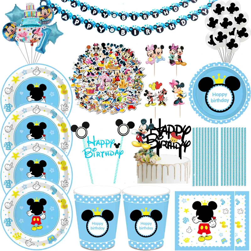 Новинка голубой Микки Маус украшение на 1-й день рождения одноразовая посуда