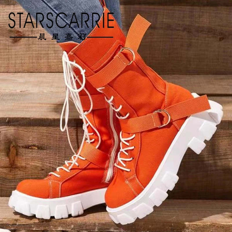 

British Style Riding Boots Women's 2021 New Canvas High-Top Solid Color Thick Bottom Casual Round Head Lace-up Motorcycle Boots