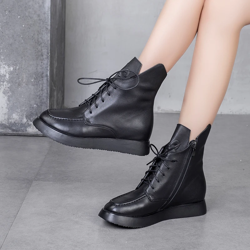 

Genuine Leather Motorcycle Boots Women's 2020 Autumn Winter Increase 5cm Short Boots Lace-up Side Zipper Woman Ankle Boots Retro