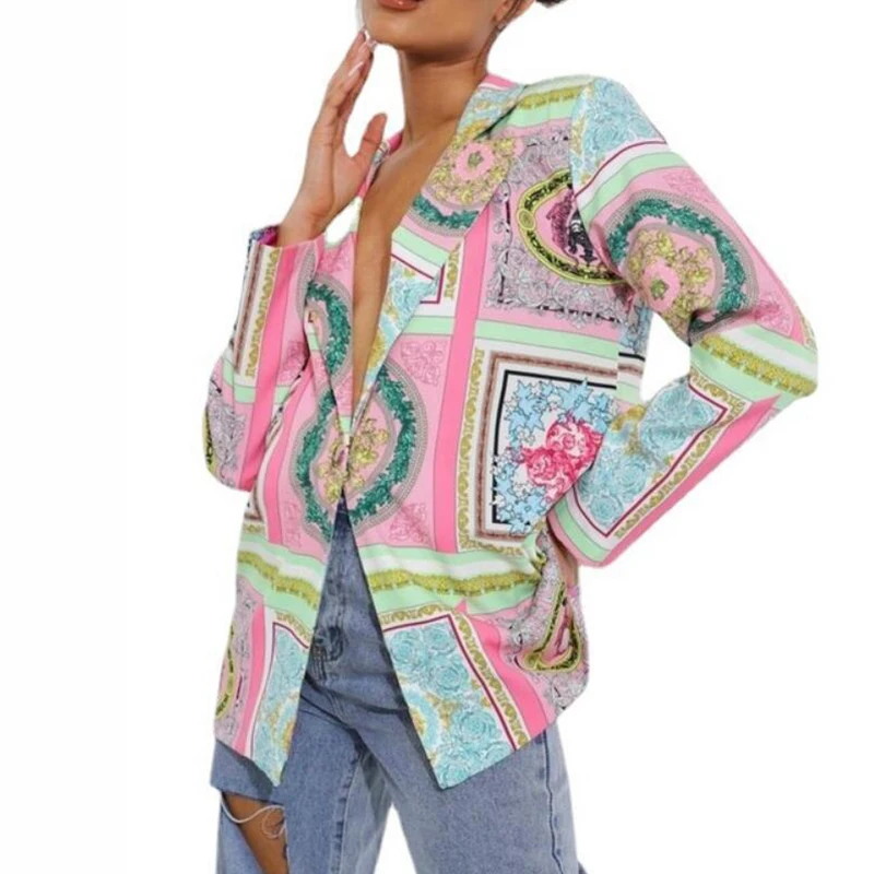 

American Stylish Irregular Print Blazer Women Jacket High Street Nice Pop Fashion Plus Size Elegant Lady Coat Pink Blazer Tops