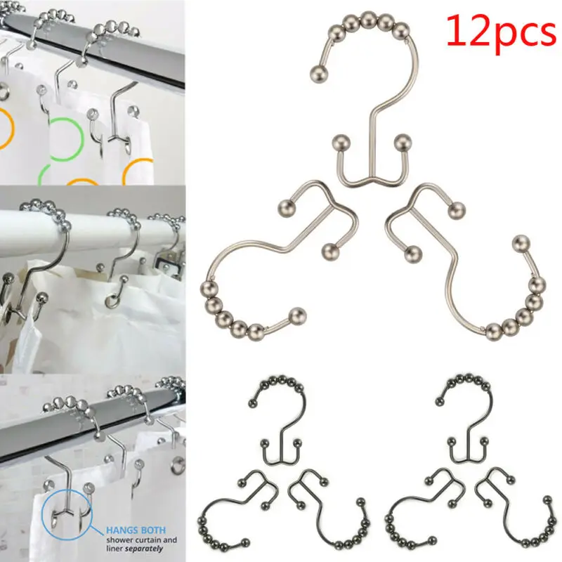 Stainless Steel 12Pcs Double Glide Bathroom Shower Curtain Hooks Rings Roller 12Pcs/Sets | Дом и сад