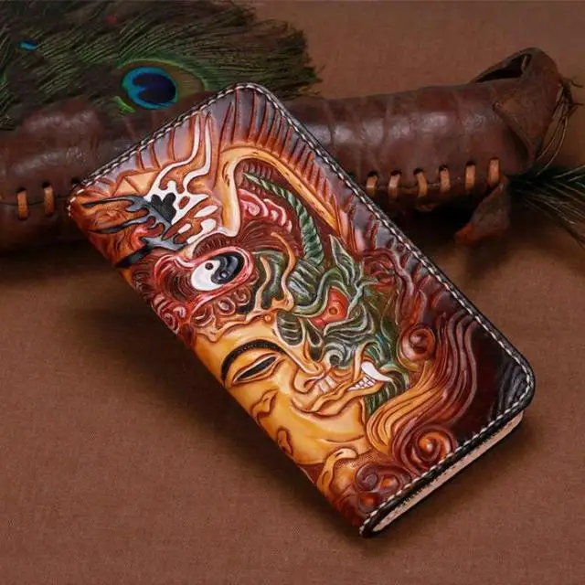 

Vintage Genuine Leather Hand Carved Men Womens Wallets And Purses 2021 New First Layer Cowhide Large Capacity Purse