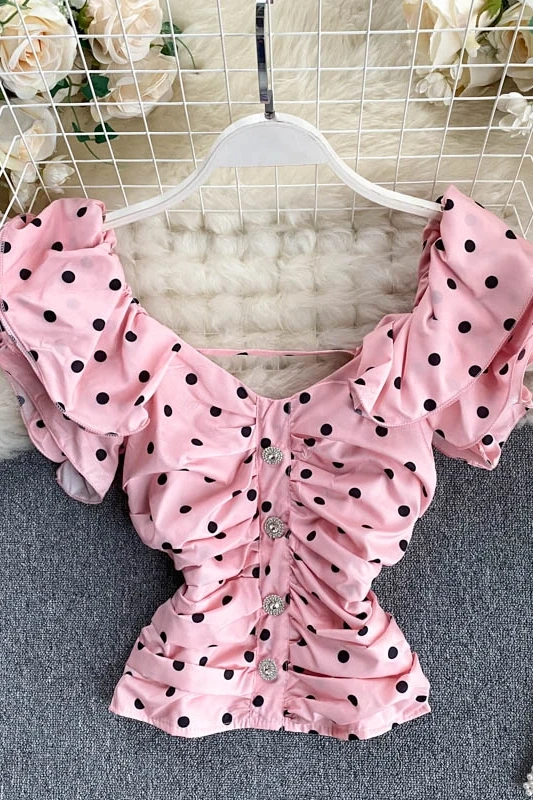 

Sweet Small Shirt for Women Polka Dot Top 2020 New Style V-neck Back Waist Hugging Chiffon Shirt Ladies Slim Tops Blouses