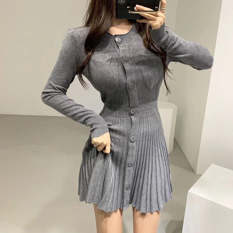 

Женское трикотажное платье-свитер, повседневное однобортное плиссированное платье-мини на пуговицах, Осень-зима 2021