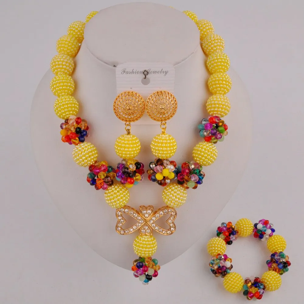 

Fashionable Yellow and Multicolor Nigerian Wedding Beads African Jewelry Set for Women SP1-08