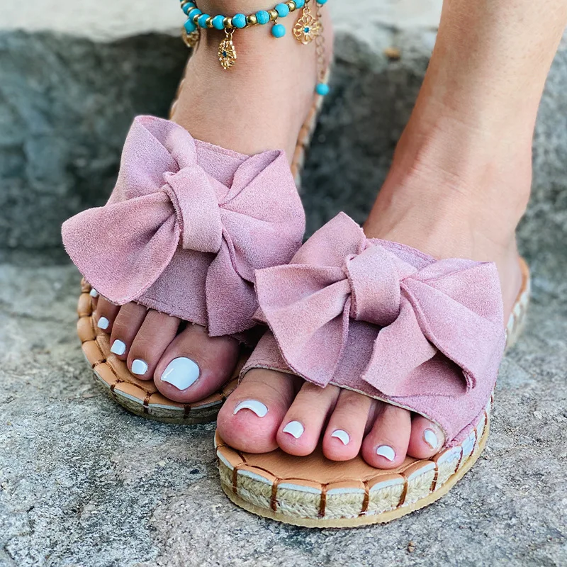 

Summer Beach Women Slippers Hemp Mid Sewing Rubber Sole Flat Platform Flock Butterfly Knot Leisure Outdoor Slides Ladies Shoes
