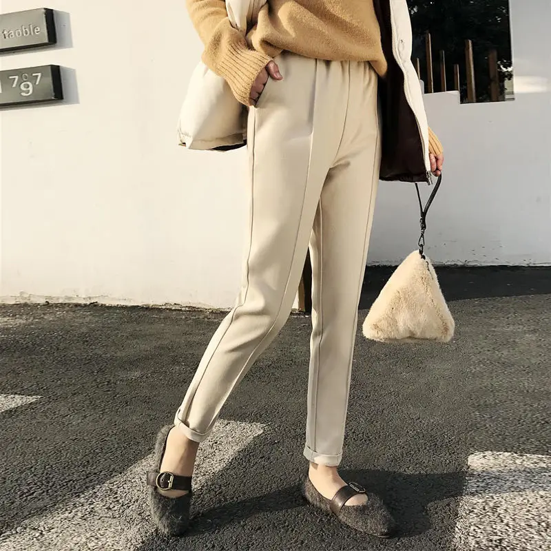 

Women's Autumn Winter Style Harem Pant Women's Loose High Waist Solid Color Elastic Waist Pockets Korean Full Length Pant KK0201