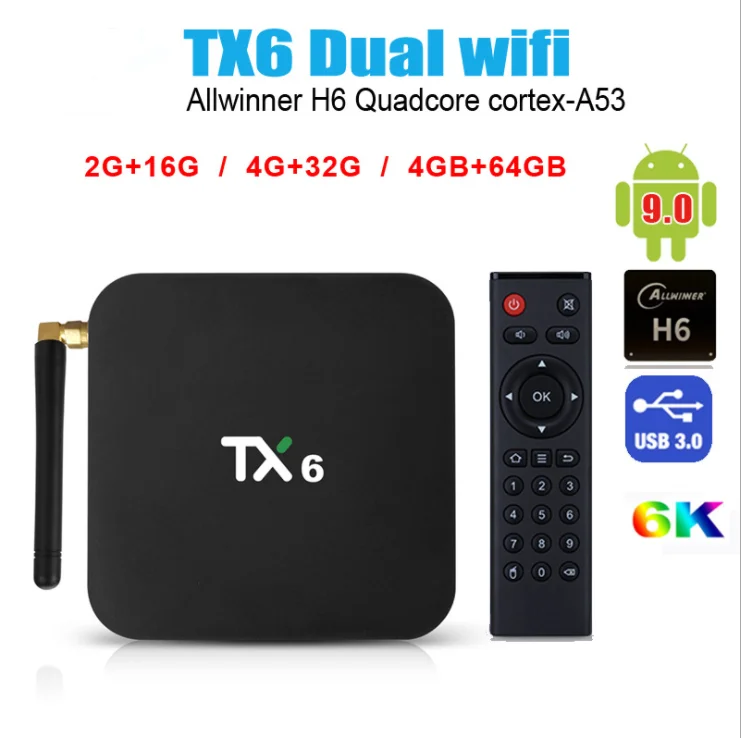 TX6 android tv box Allwinner H6 Quad core 2G 16G 32G 64G Android 9.0 2.4G 5G Wifi USB 3.0 BT 6K media Google Player Set Top Box