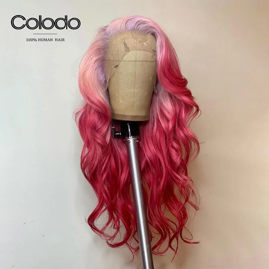 Ombre Pink Color COLODO 13x4 Синтетические волосы на кружеве парик бразильский эффектом деграде(переход от темного к Синтетические волосы на кружеве парик с ш Волосы remy оранжевый Цветной парики из натуральных волос для черный Для женщин - Цвет волос: Ombre Pink Color