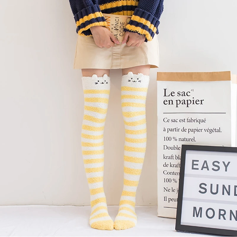 

Winter Warm Coral Fleece Long Thigh High Socks Girls Women Animal Modeling Stockings Striped Cute Knee Socks Medias De Mujer