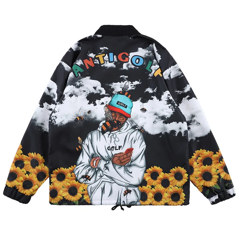 

2019 Tide Brand Autumn and Winter New Arrival Bee Rap Pattern Stand Collar Men's Jacket Fashion Hip Hop Printing Coat