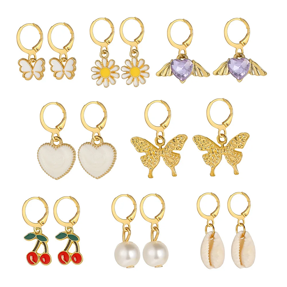 

New Butterfly Peach Heart Daisy Alloy Inlaid Rhinestone Earrings Set for Women Cute Girl Cherry Pearl Earings Fashion Jewelry