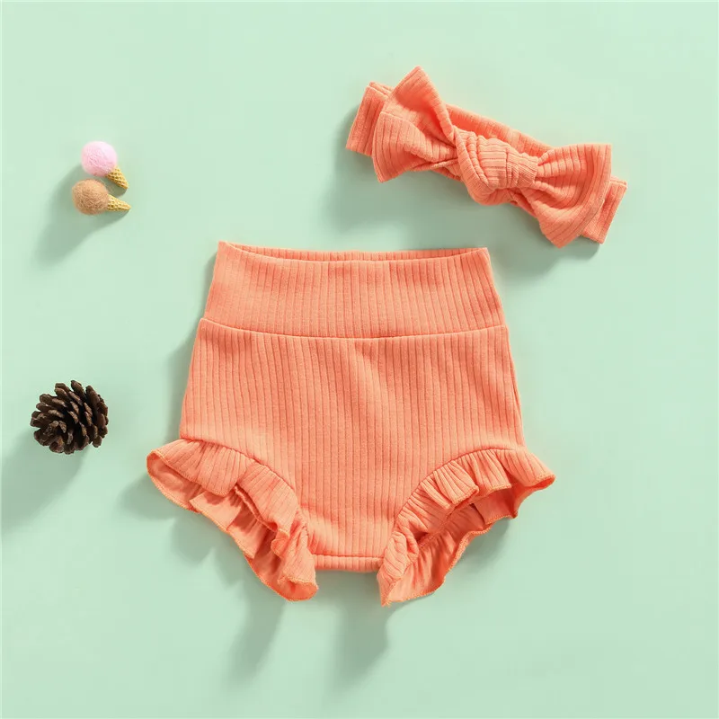Summer Kids Boys Shorts Knitted Solid Color Baby Girls Shorts Cotton Ruffles Short Pants Fashion Newborn Bloomers Headband images - 6