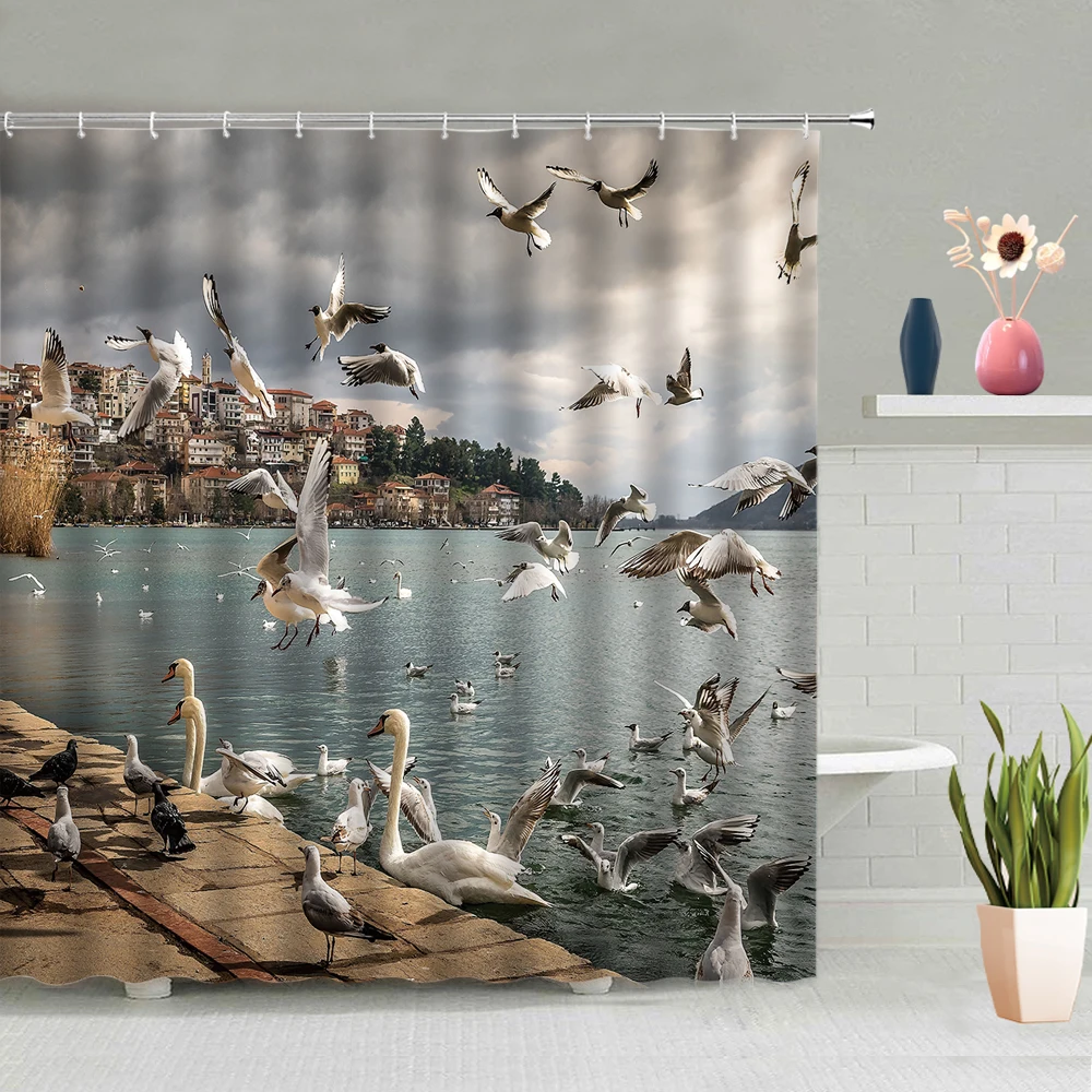 

Shower Curtain Sea Sparrow Goose House Building Seagull Beach Background Bathroom Decoration Machine Washable Fabric With Hooks